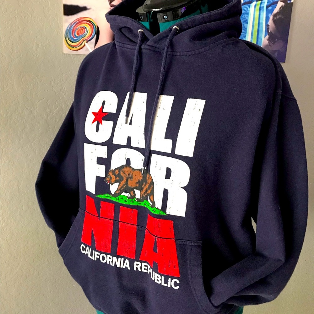 California, navy blue sweater